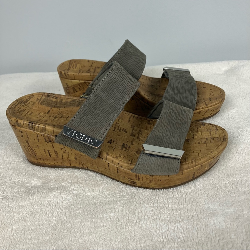 Vionic Pepper Ruched Cork Platform Sandals Gray Taupe Comfort Slides Size 6